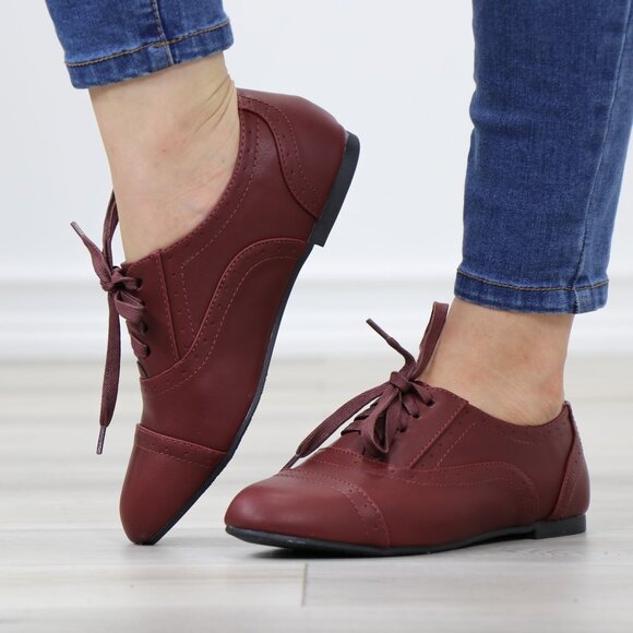 Wine Synthetic Leather Lace up Flat Heel Oxford Style Shoes - Picture 1 of 13